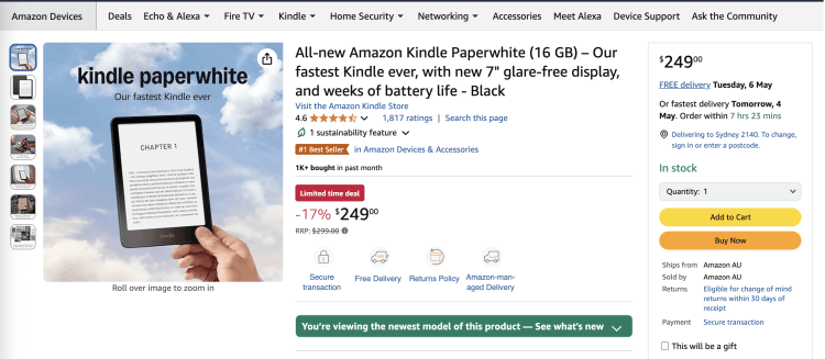 Amazon: Amazon Kindle Paperwhite (16 GB) – 17% off, now $249
